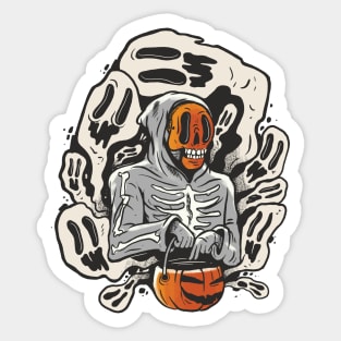 Skeleton Surrounded by Ghosts Trick or Treating Sticker